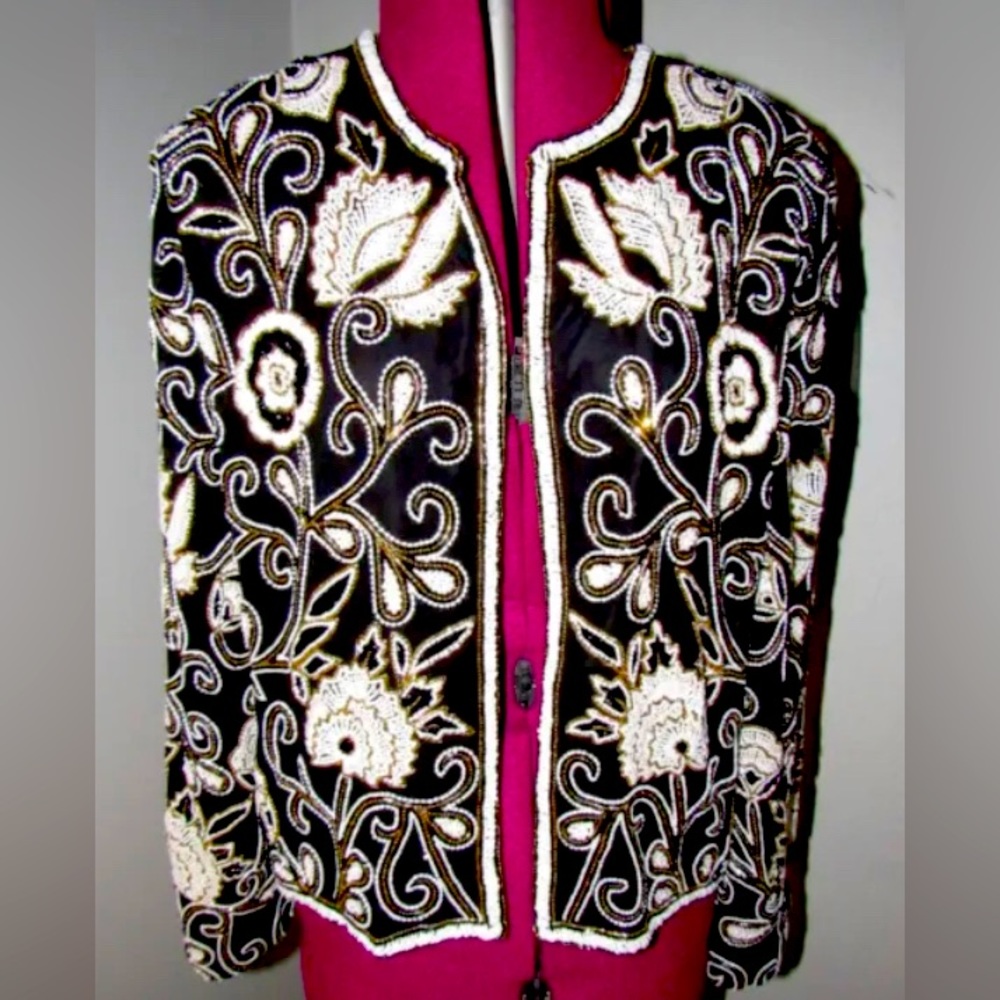 Niteline Della Roufogali SILK Beaded Jacket Brown Gold Black Ladies Large